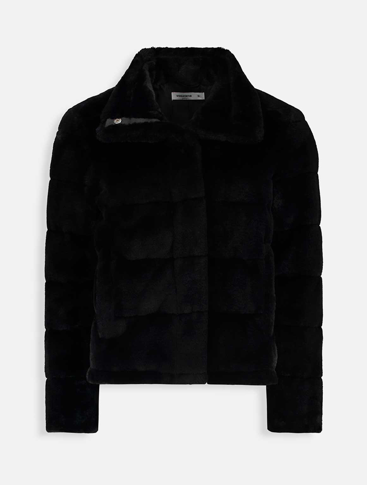 MyRunway | Shop Woolworths Black Faux Fur Bomber Jacket for Women